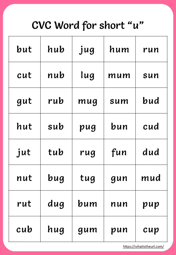 Printable CVC Words For Short “u” worksheet preview Printable CVC Words For Short “u” worksheet preview