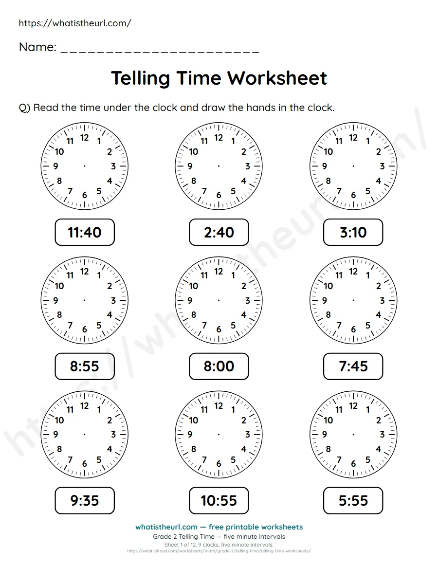 Grade 2 telling time worksheet 1 - five minute intervals - draw the clock hands to match each time