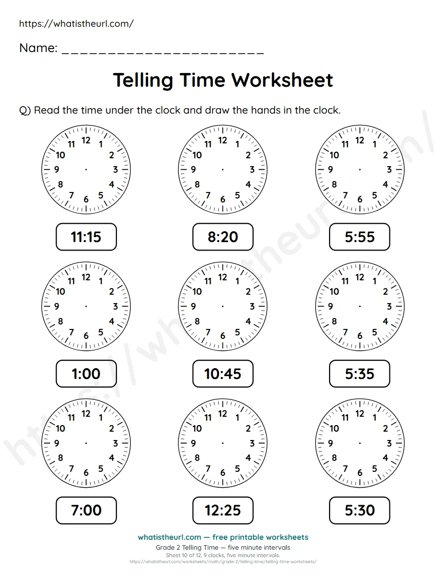 Grade 2 telling time worksheet 10 - five minute intervals - draw the clock hands to match each time