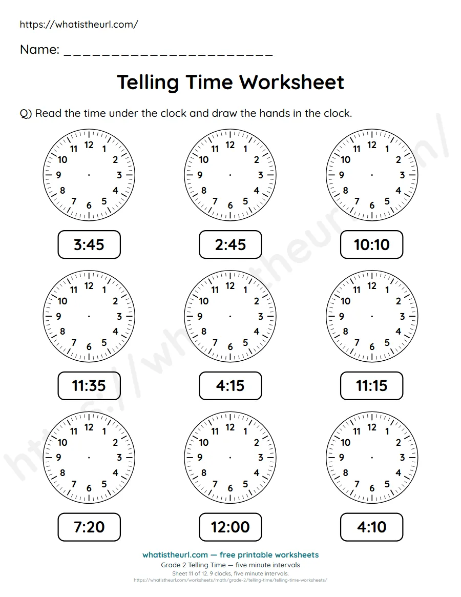 Grade 2 telling time worksheet 11 - five minute intervals - draw the clock hands to match each time