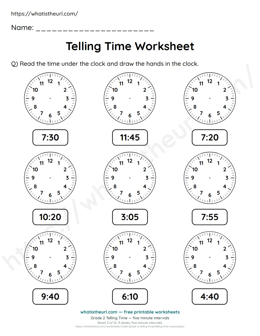 Grade 2 telling time worksheet 2 - five minute intervals - draw the clock hands to match each time