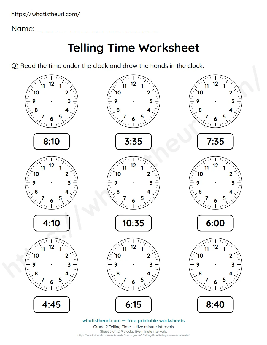 Grade 2 telling time worksheet 3 - five minute intervals - draw the clock hands to match each time
