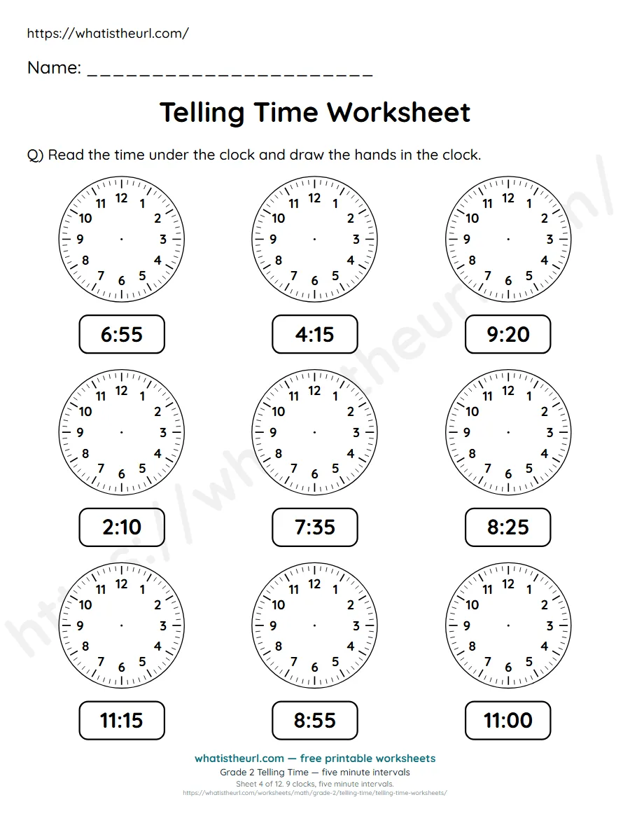 Grade 2 telling time worksheet 4 - five minute intervals - draw the clock hands to match each time