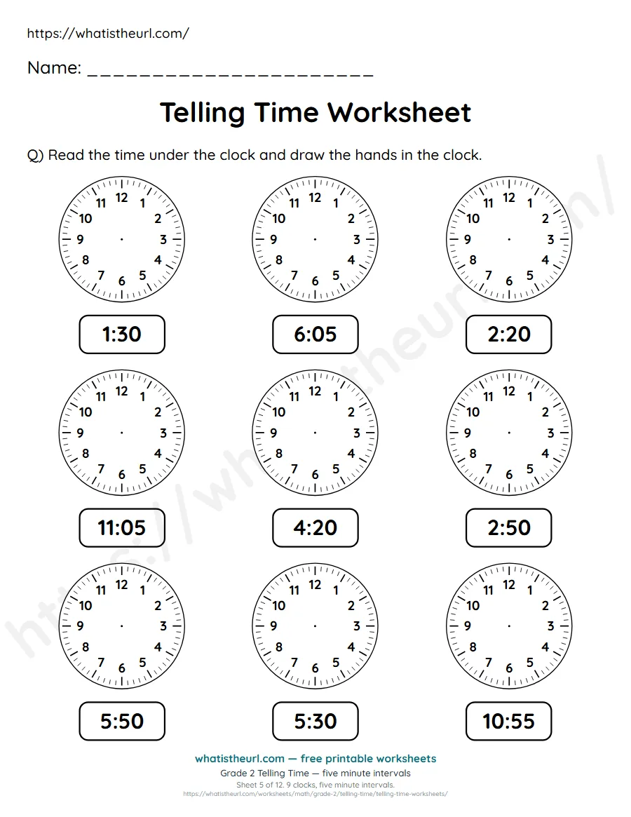 Grade 2 telling time worksheet 5 - five minute intervals - draw the clock hands to match each time