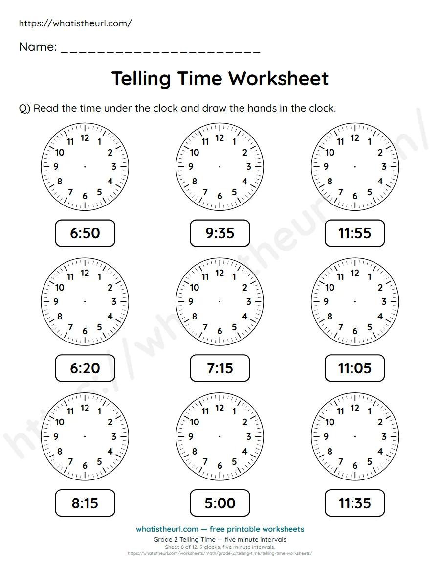 Grade 2 telling time worksheet 6 - five minute intervals - draw the clock hands to match each time