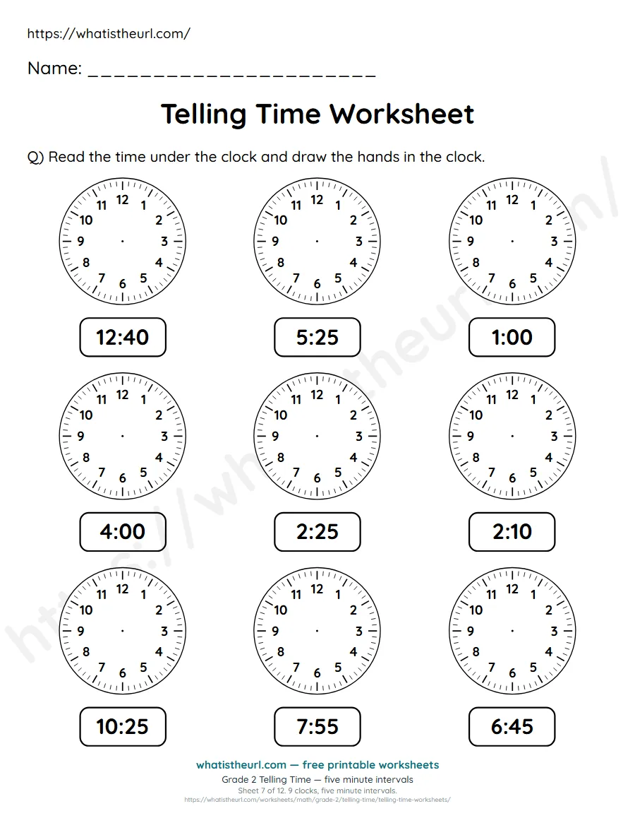 Grade 2 telling time worksheet 7 - five minute intervals - draw the clock hands to match each time
