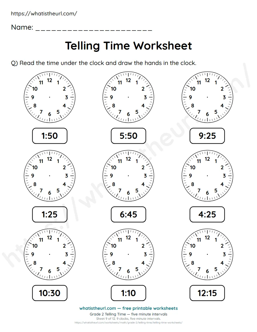 Grade 2 telling time worksheet 9 - five minute intervals - draw the clock hands to match each time