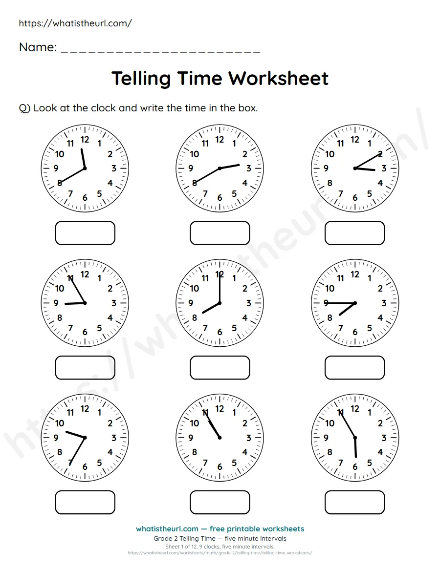 Grade 2 telling time worksheet 1 - five minute intervals - read each clock and write the time
