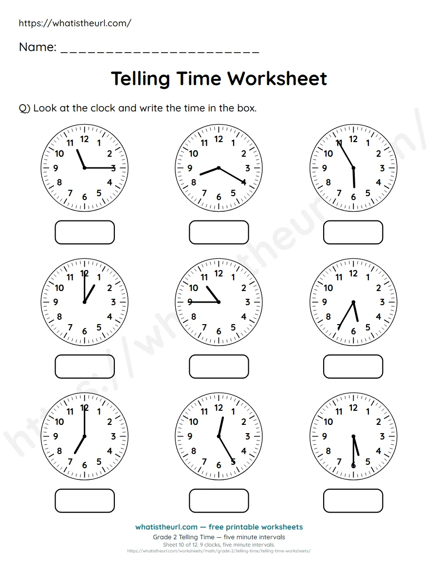 Grade 2 telling time worksheet 10 - five minute intervals - read each clock and write the time