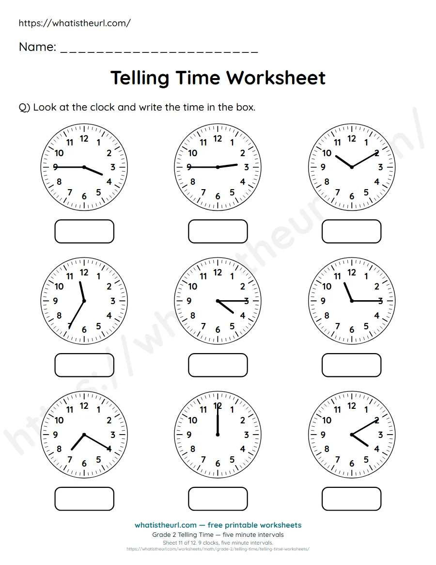 Grade 2 telling time worksheet 11 - five minute intervals - read each clock and write the time