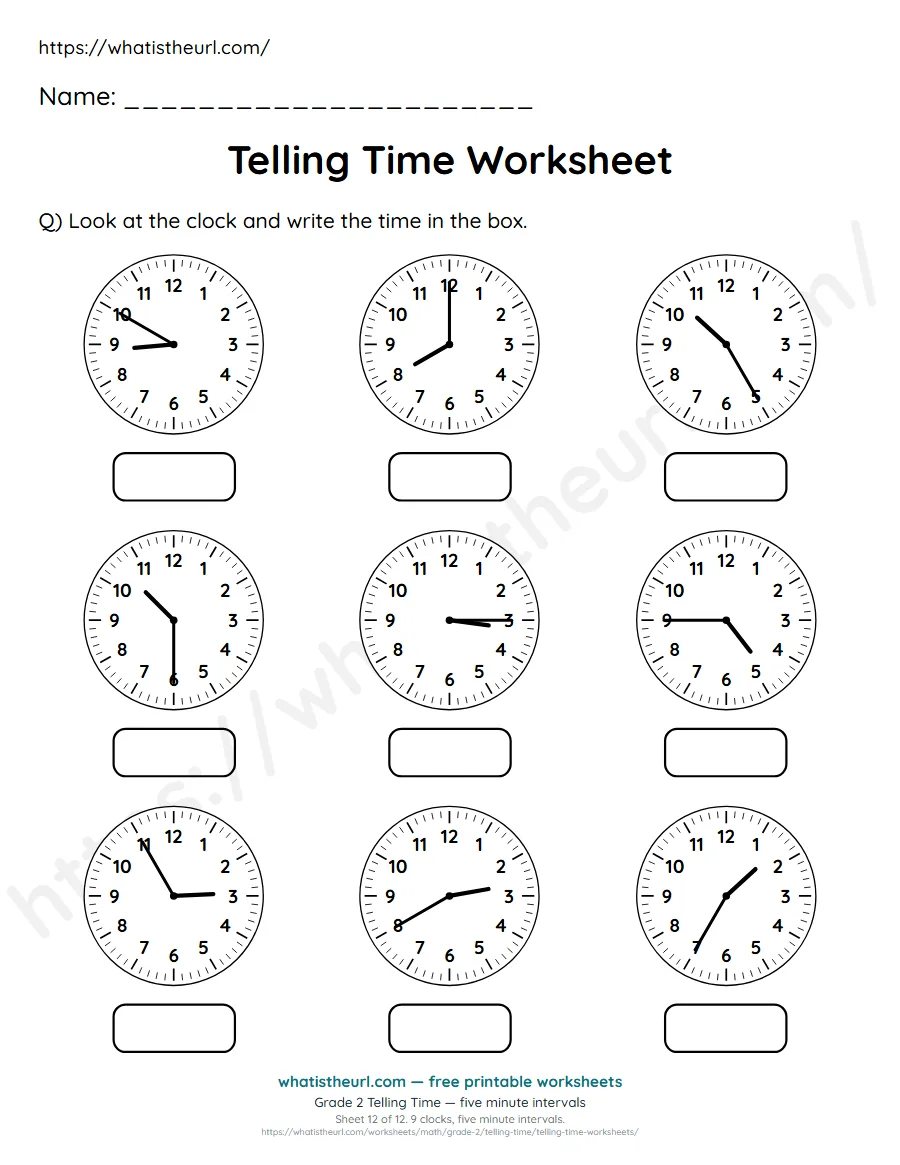 Grade 2 telling time worksheet 12 - five minute intervals - read each clock and write the time