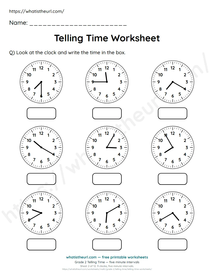Grade 2 telling time worksheet 2 - five minute intervals - read each clock and write the time