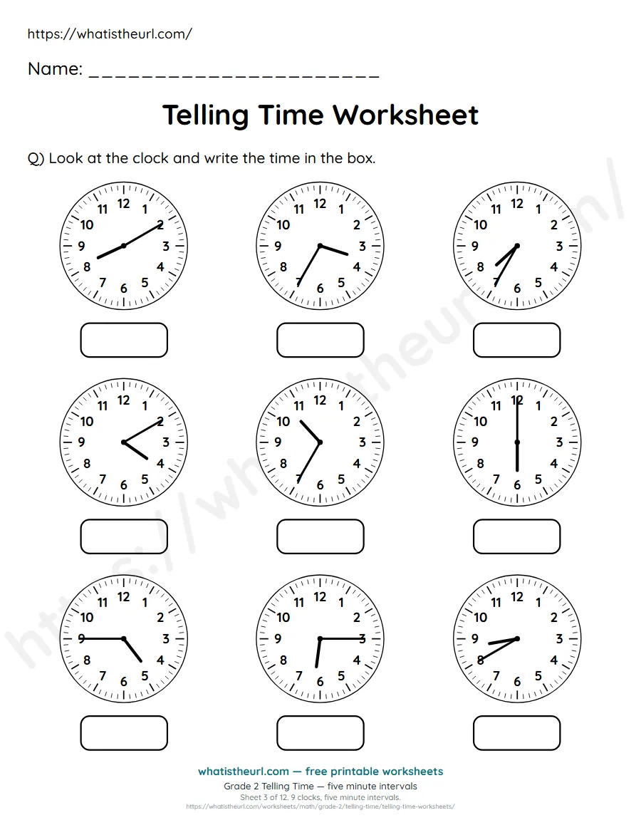 Grade 2 telling time worksheet 3 - five minute intervals - read each clock and write the time