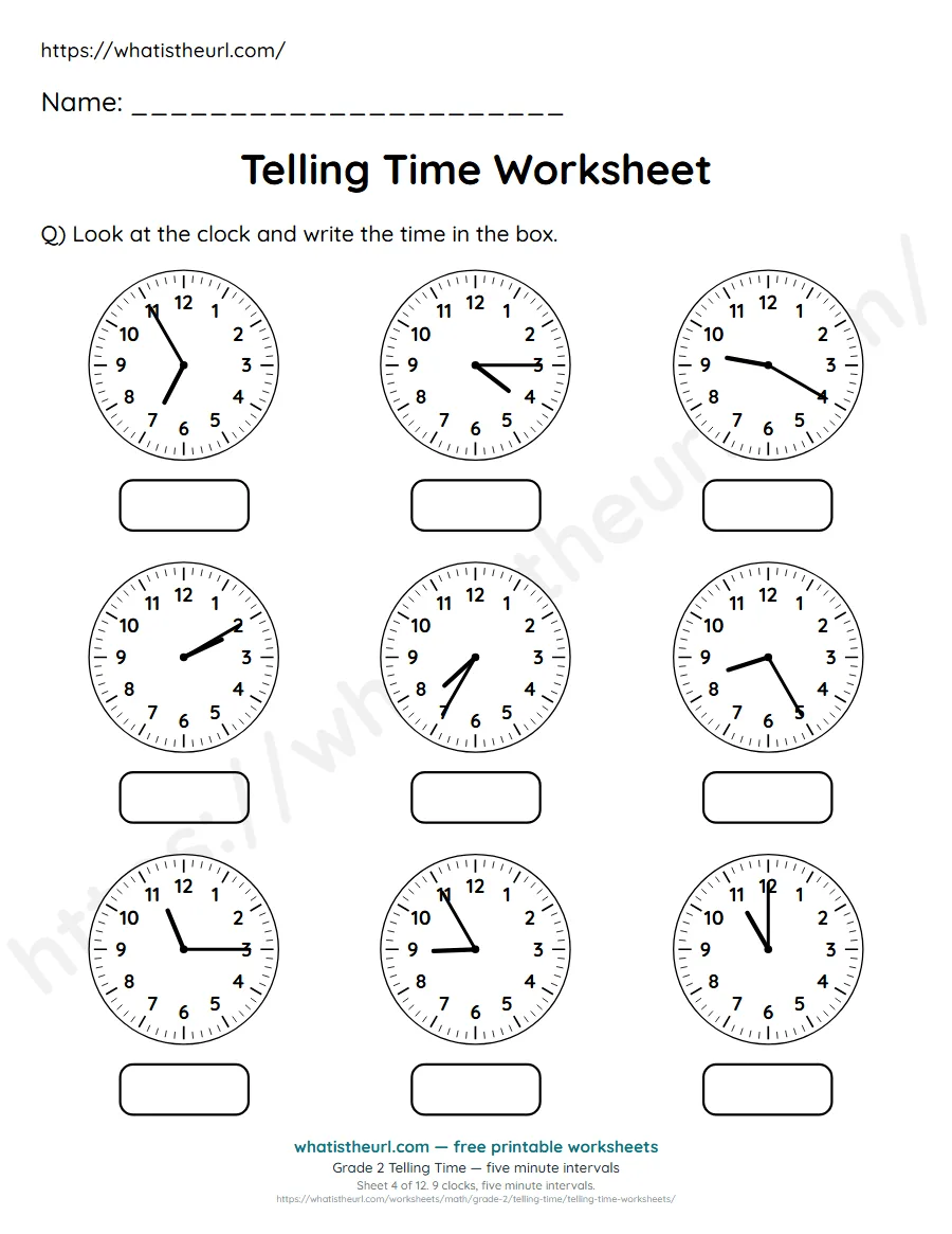 Grade 2 telling time worksheet 4 - five minute intervals - read each clock and write the time