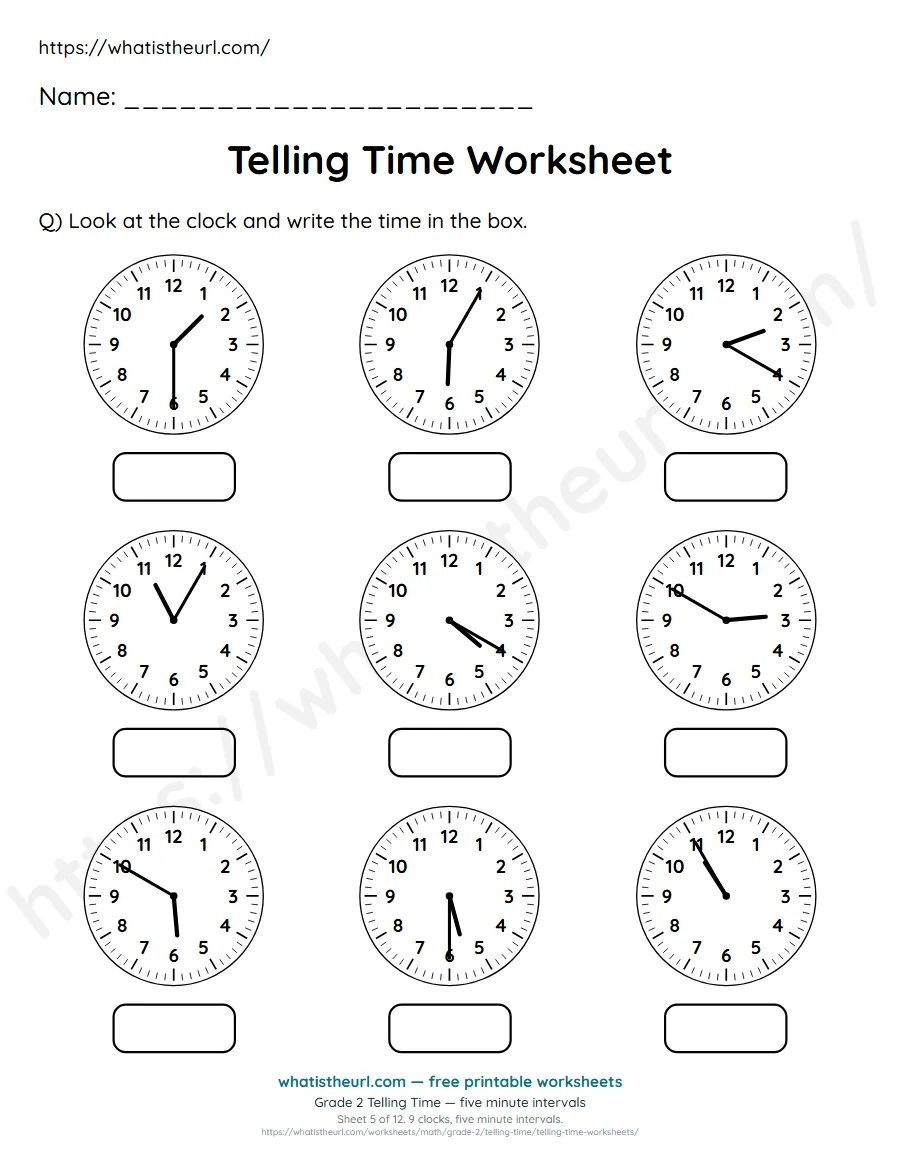 Grade 2 telling time worksheet 5 - five minute intervals - read each clock and write the time