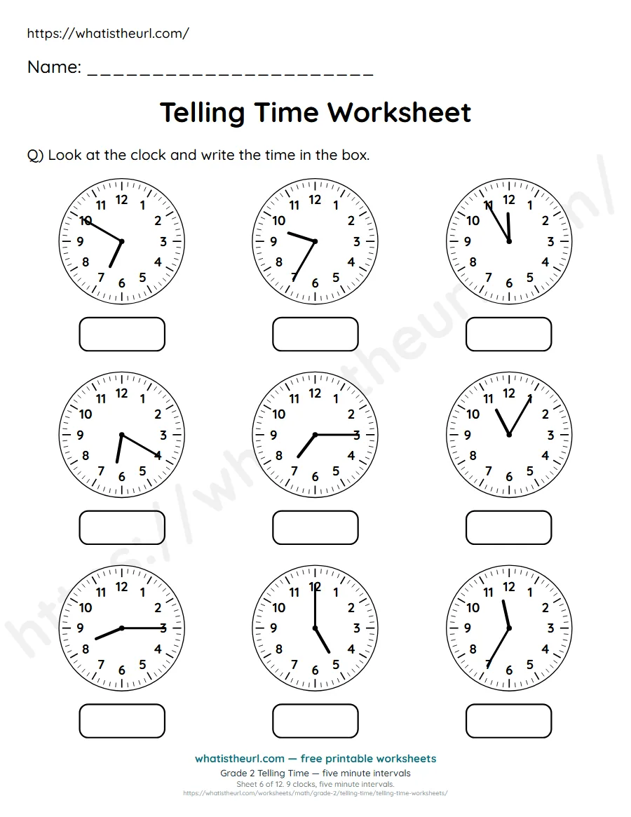Grade 2 telling time worksheet 6 - five minute intervals - read each clock and write the time