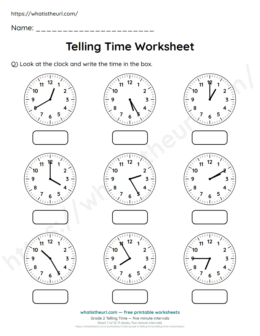 Grade 2 telling time worksheet 7 - five minute intervals - read each clock and write the time
