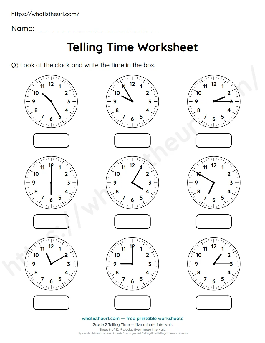 Grade 2 telling time worksheet 8 - five minute intervals - read each clock and write the time