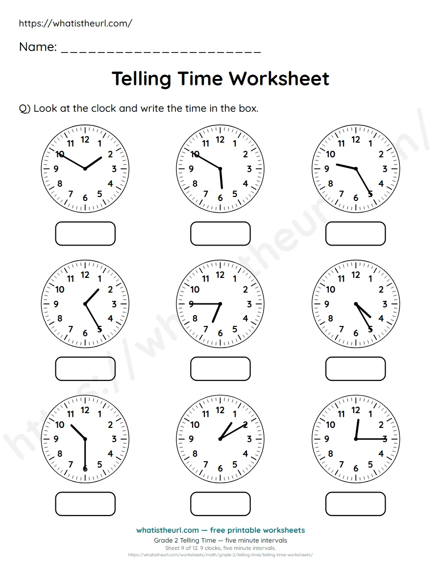 Grade 2 telling time worksheet 9 - five minute intervals - read each clock and write the time