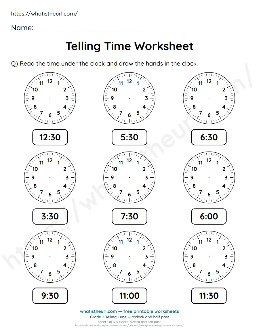 Grade 2 telling time worksheet 1 - o'clock and half past - draw the clock hands to match each time