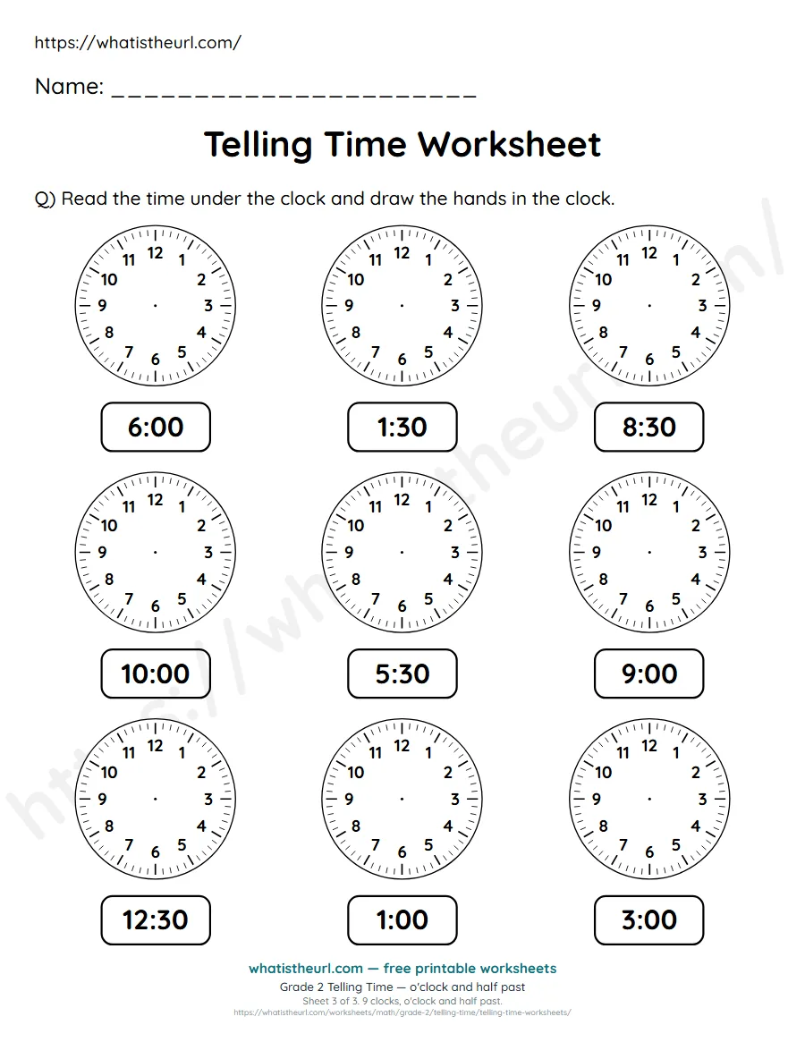 Grade 2 telling time worksheet 3 - o'clock and half past - draw the clock hands to match each time