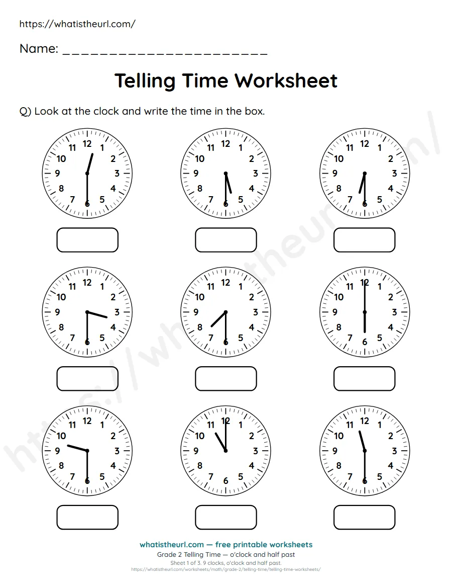 Grade 2 telling time worksheet 1 - o'clock and half past - read each clock and write the time