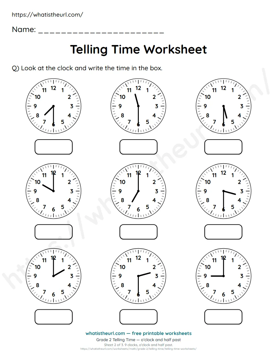 Grade 2 telling time worksheet 2 - o'clock and half past - read each clock and write the time