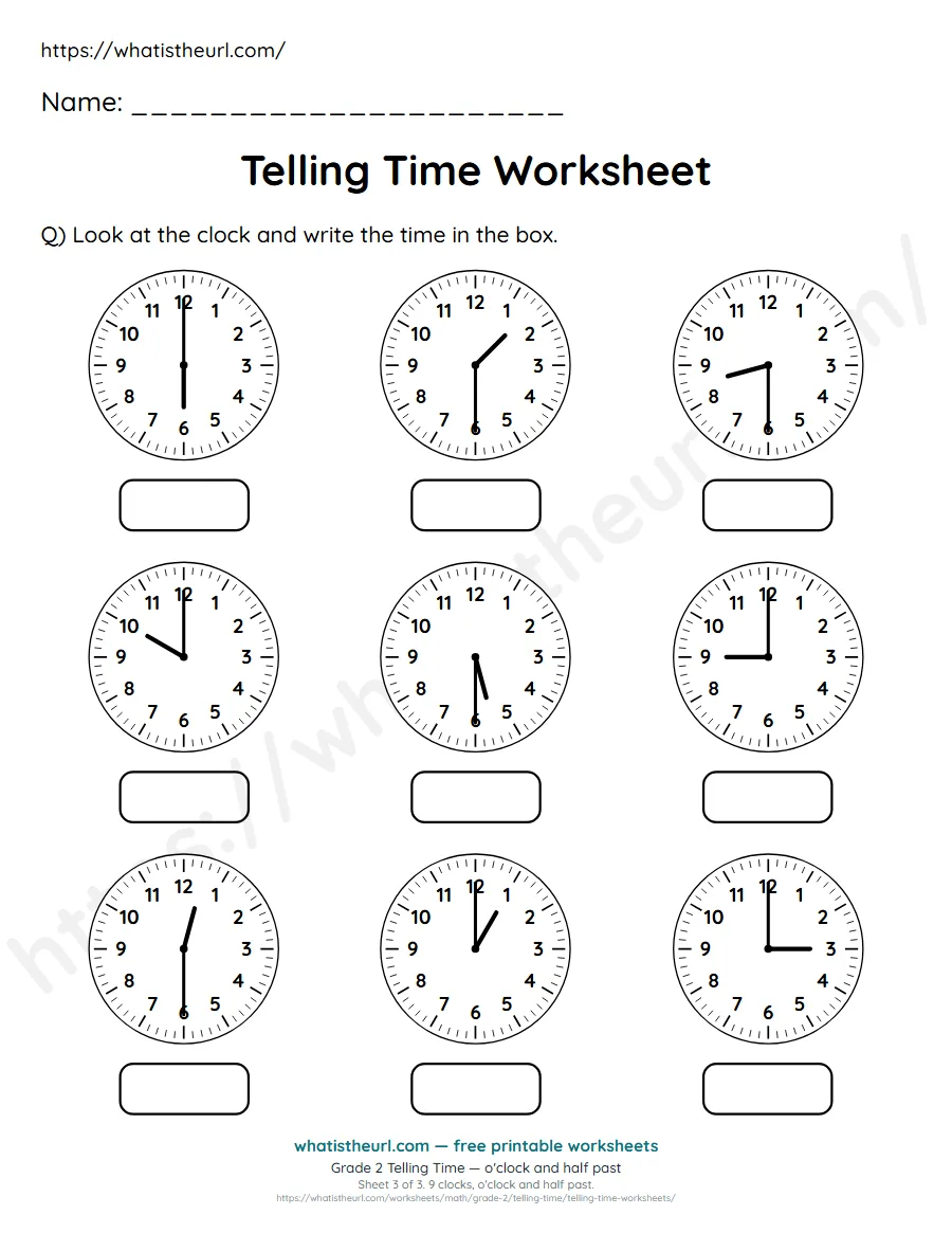 Grade 2 telling time worksheet 3 - o'clock and half past - read each clock and write the time