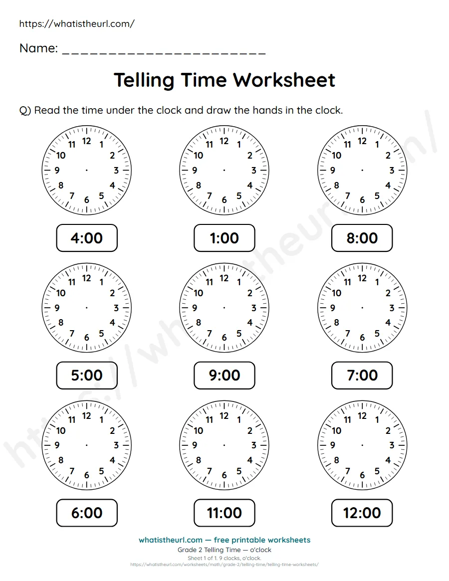 Grade 2 telling time worksheet 1 - o'clock - draw the clock hands to match each time