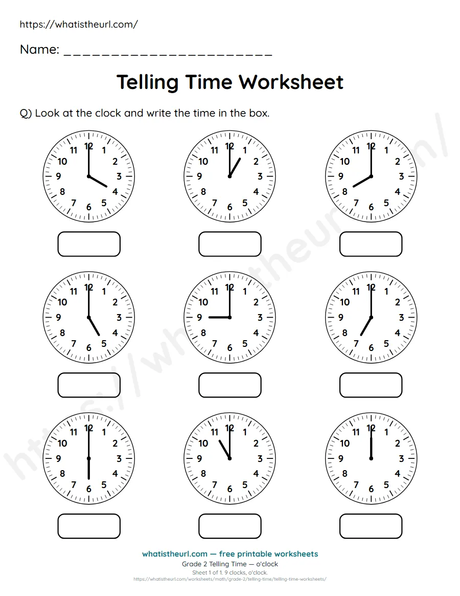 Grade 2 telling time worksheet 1 - o'clock - read each clock and write the time