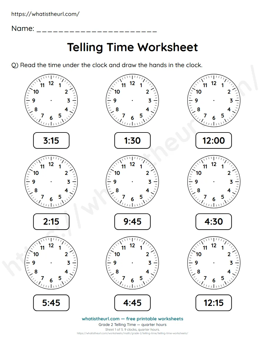 Grade 2 telling time worksheet 1 - quarter hours - draw the clock hands to match each time