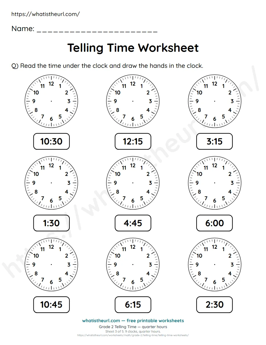 Grade 2 telling time worksheet 3 - quarter hours - draw the clock hands to match each time