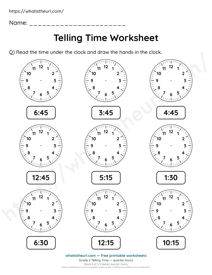 Grade 2 telling time worksheet 4 - quarter hours - draw the clock hands to match each time