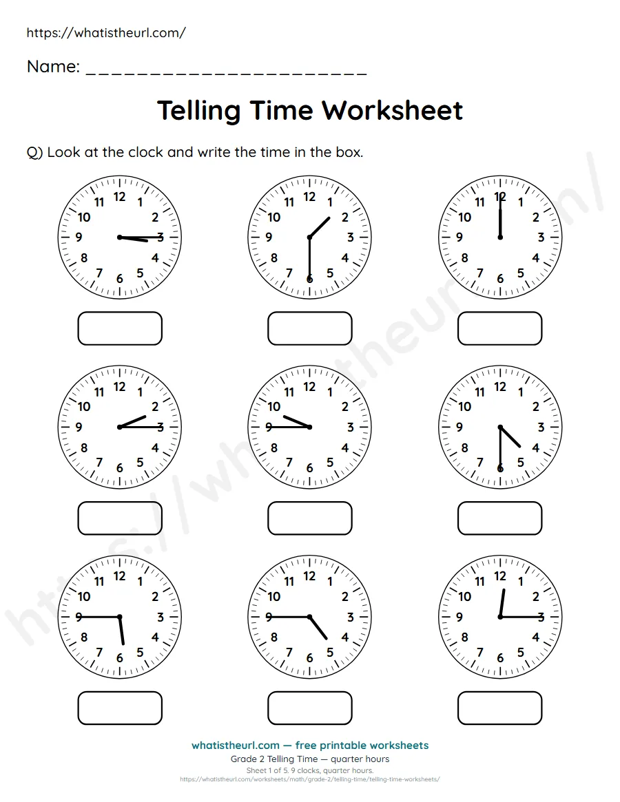 Grade 2 telling time worksheet 1 - quarter hours - read each clock and write the time