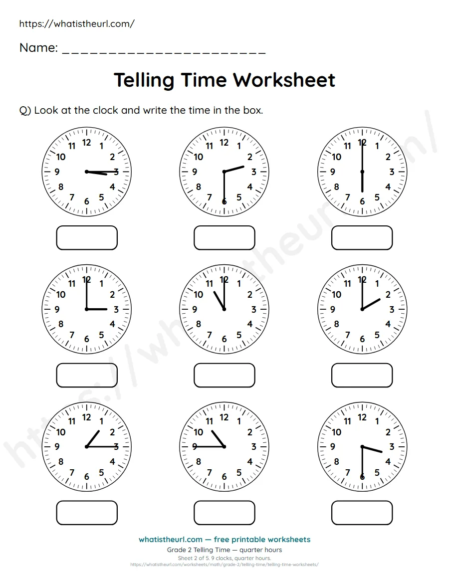 Grade 2 telling time worksheet 2 - quarter hours - read each clock and write the time
