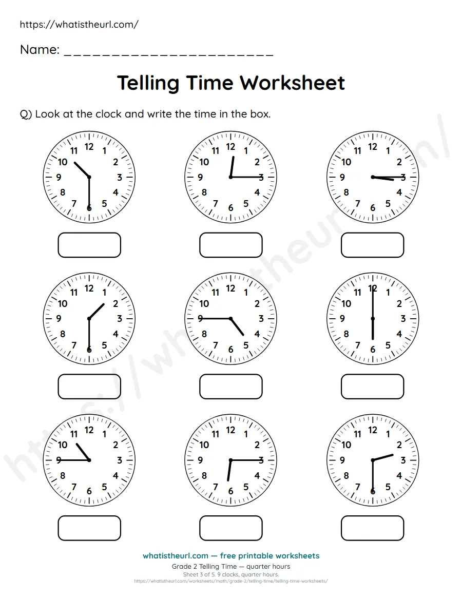 Grade 2 telling time worksheet 3 - quarter hours - read each clock and write the time