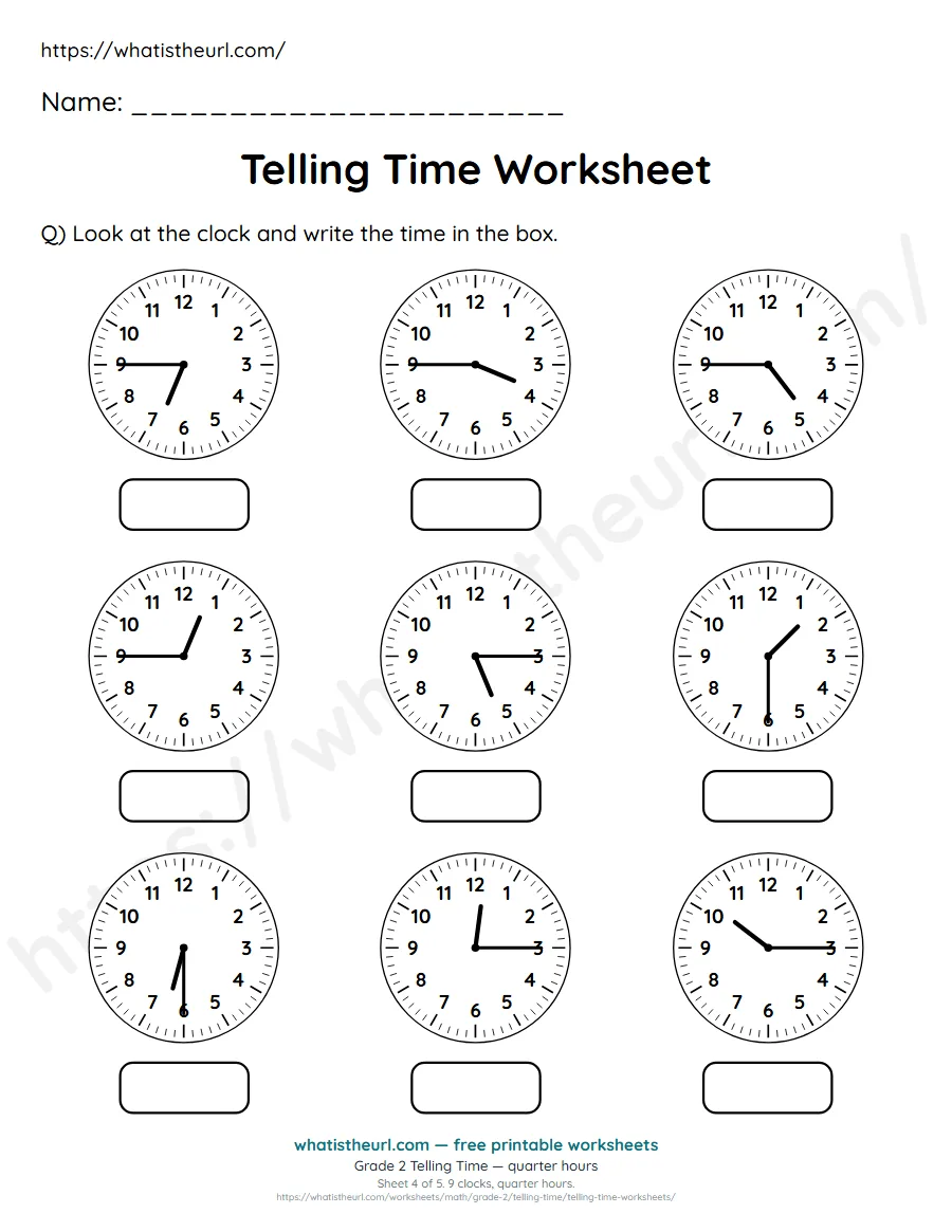 Grade 2 telling time worksheet 4 - quarter hours - read each clock and write the time