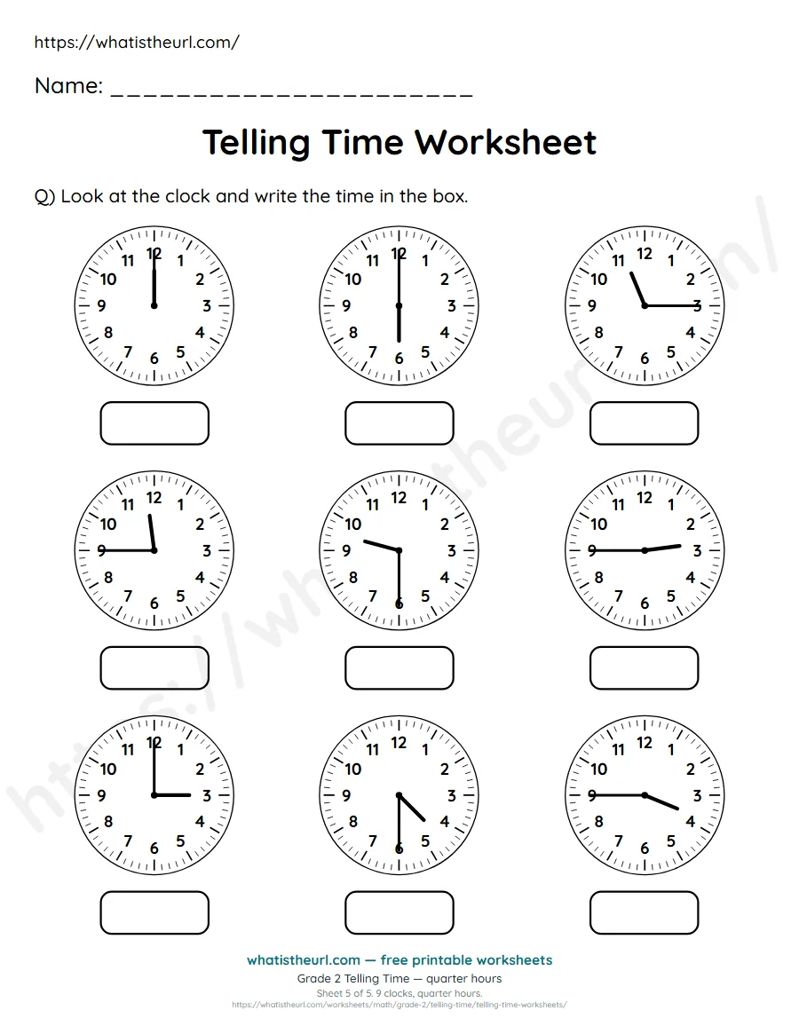 Grade 2 telling time worksheet 5 - quarter hours - read each clock and write the time