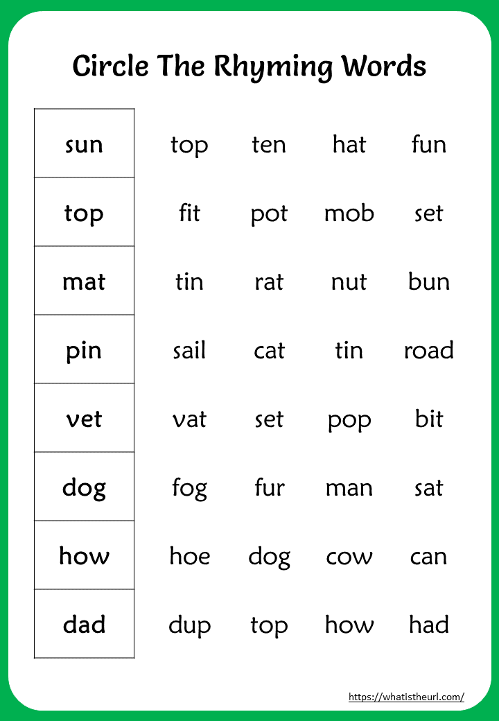 Circle the rhyming words worksheet - sun, top, mat, pin, vet, dog, how, dad