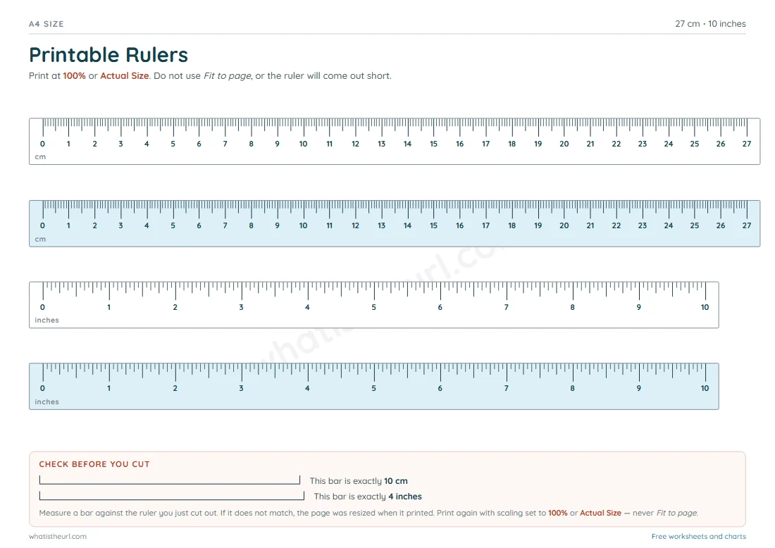 Printable ruler for A4 paper - 27 cm and 10 inch scales with a calibration bar