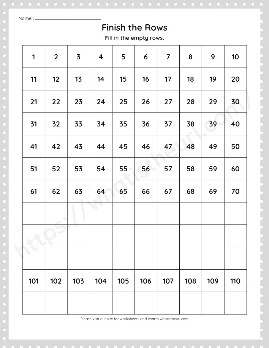 Finish the Rows on a 1 to 120 hundreds chart - worksheet