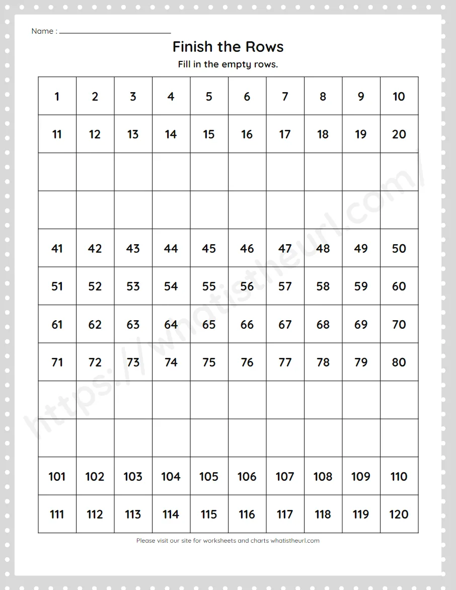 Finish the Rows on a 1 to 120 hundreds chart - worksheet