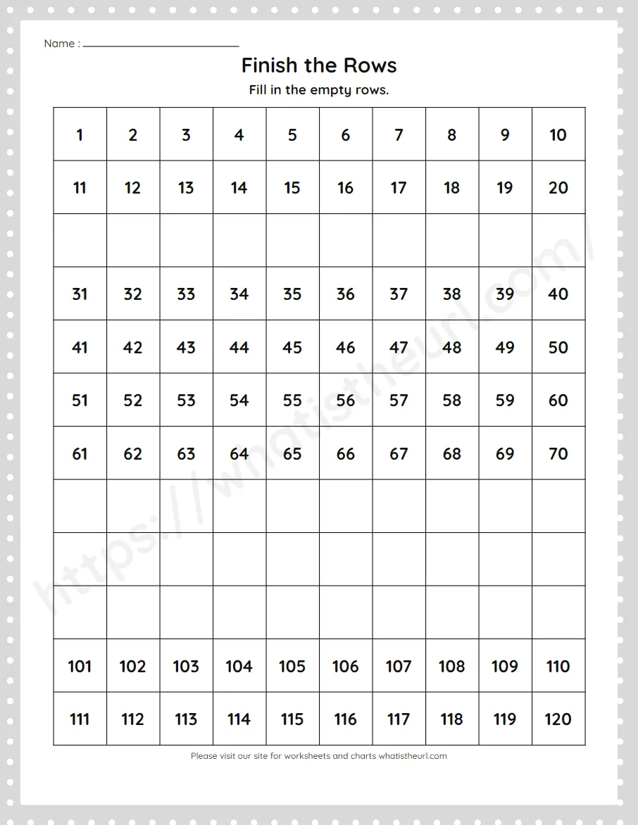 Finish the Rows on a 1 to 120 hundreds chart - worksheet