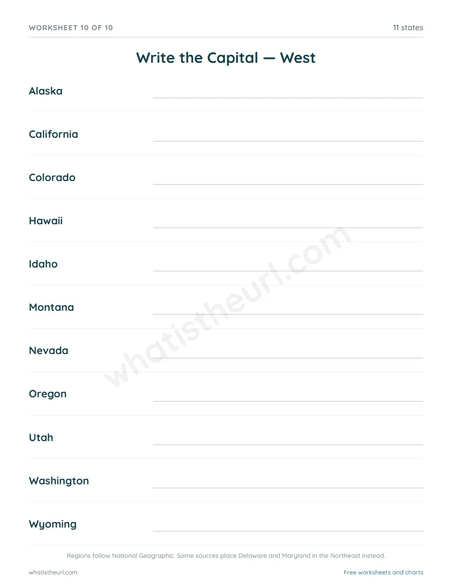 US states and capitals worksheet - Write the Capital - West