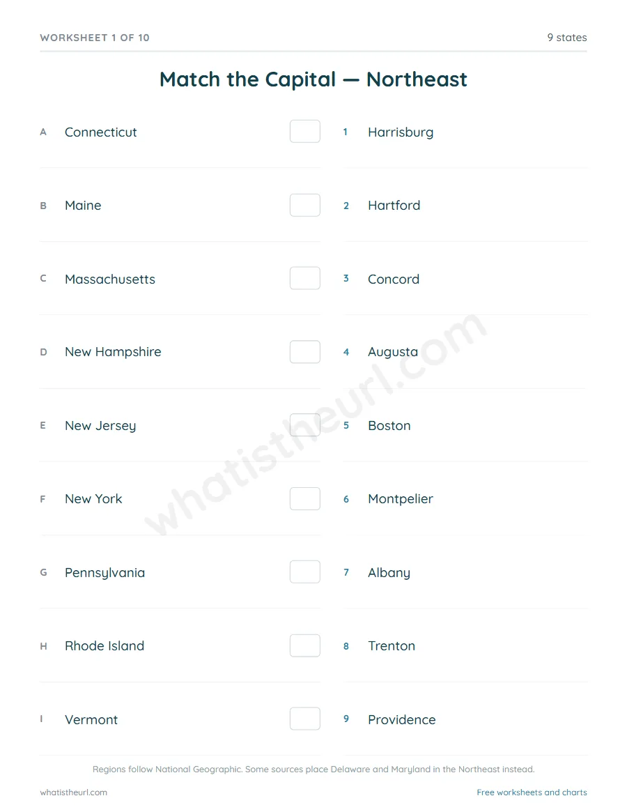 US states and capitals worksheet - Match the Capital - Northeast