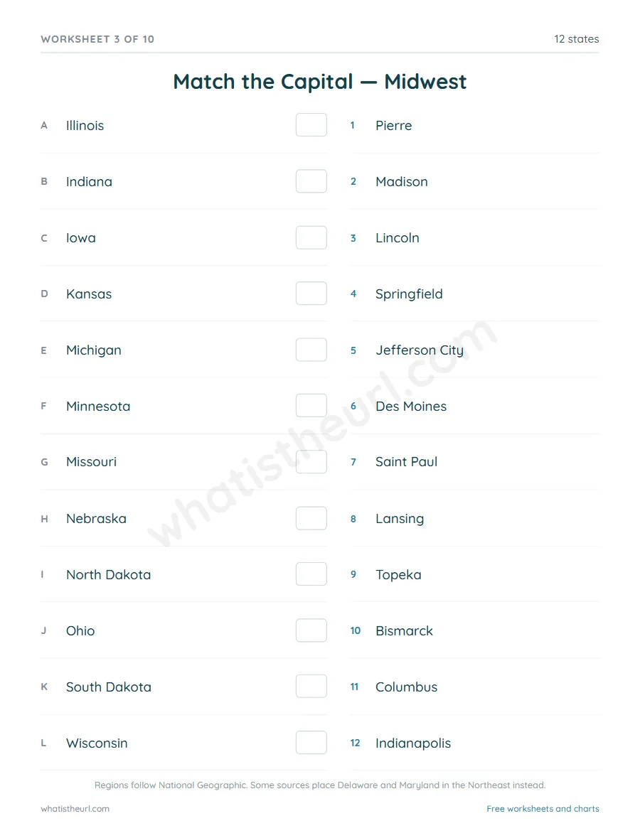 US states and capitals worksheet - Match the Capital - Midwest