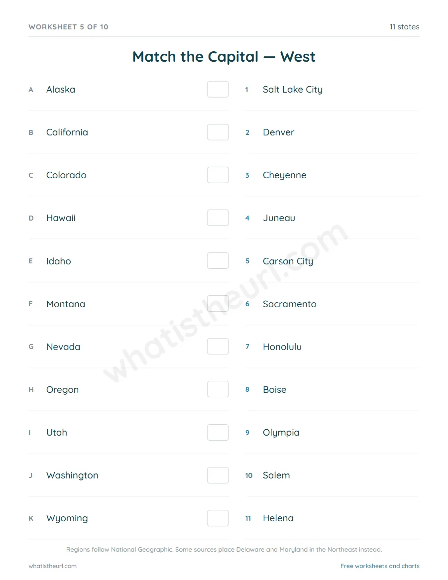 US states and capitals worksheet - Match the Capital - West