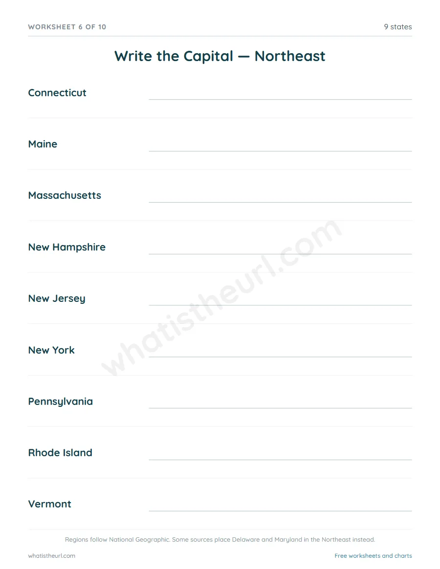 US states and capitals worksheet - Write the Capital - Northeast