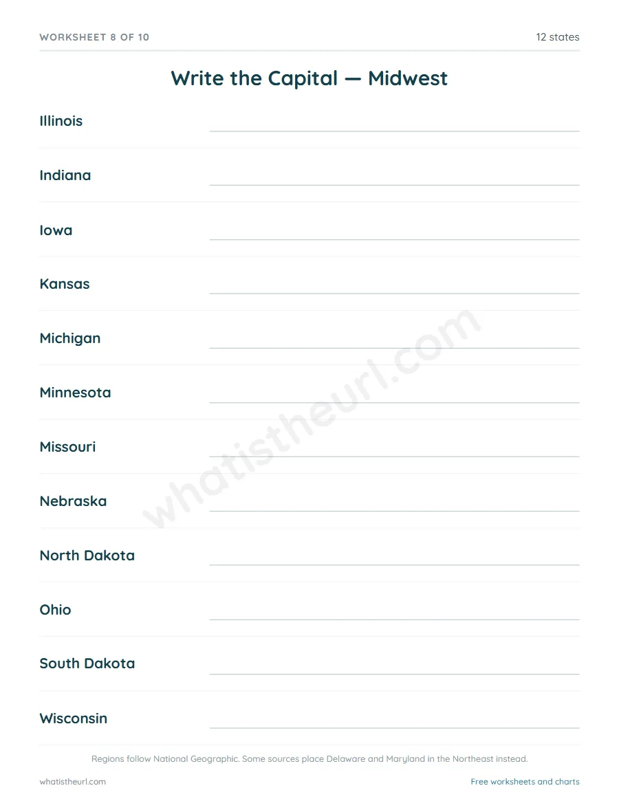 US states and capitals worksheet - Write the Capital - Midwest