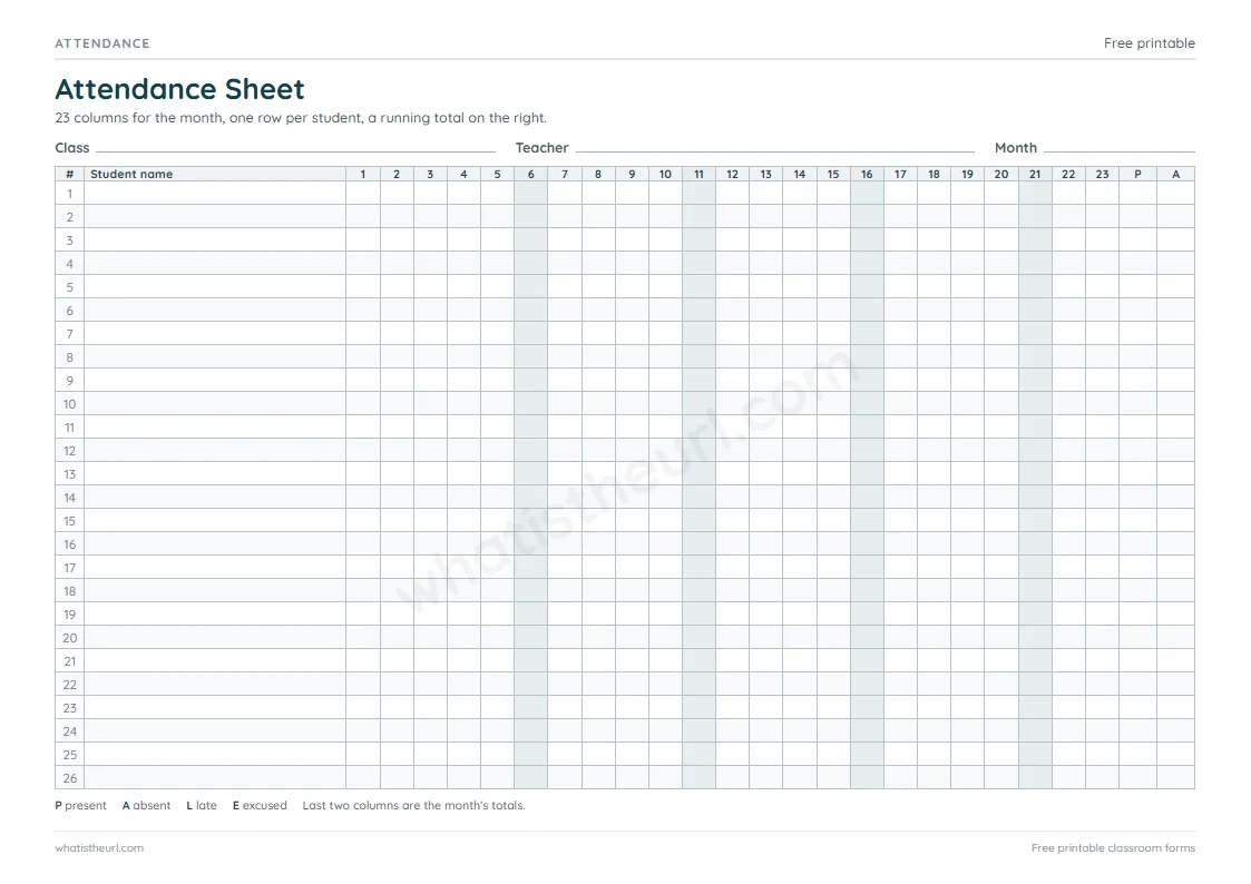 Printable Attendance Sheet for A4 paper with 26 student rows
